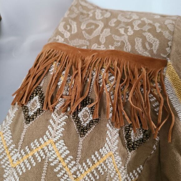 Chicos Buttered Rum Diamond Artisan Beaded Boho Fringed Linen Blend Jacket sz S - Picture 4 of 9